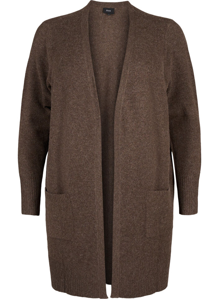 Ribbed Knit Cardigan with Pockets, Brown, Packshot image number 0