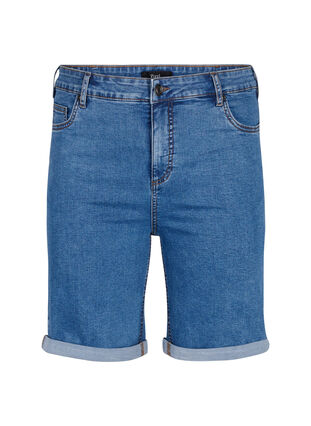 Tight fitting denim shorts with a high waist, Blue Denim, Packshot image number 0