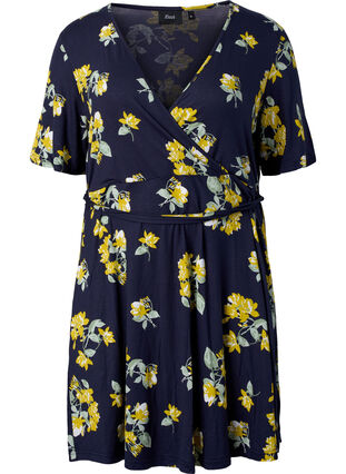 Wrap dress in viscose with short sleeves, Night Sky AOP Flower, Packshot image number 0