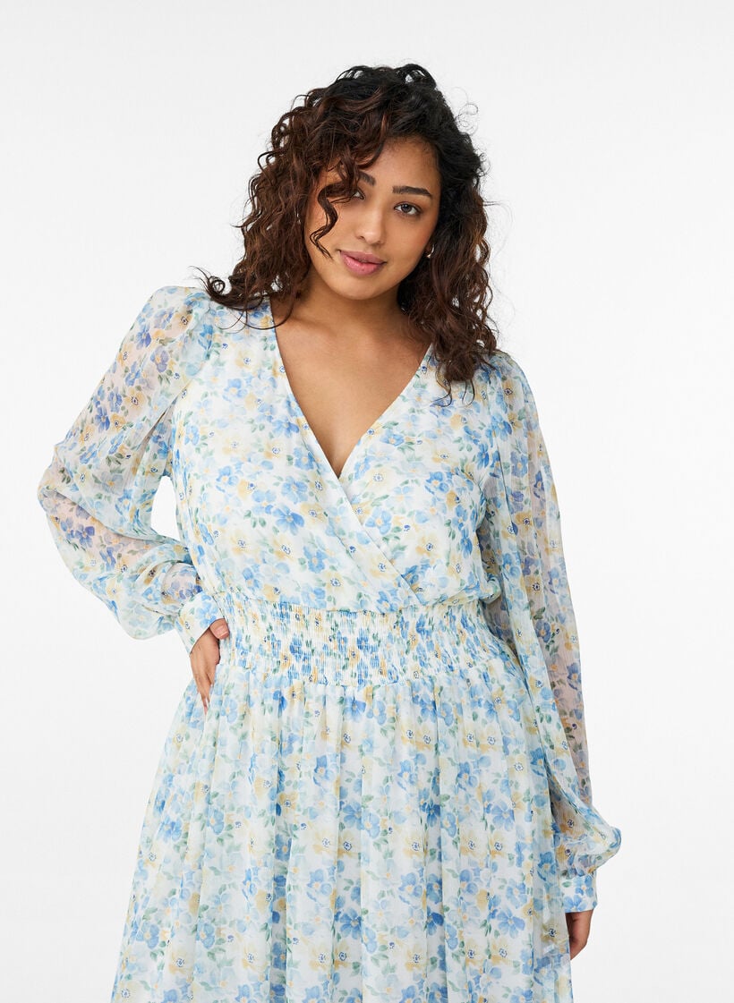 Floral midi dress with wrap-look and smock, Light Blue, Model image number 2