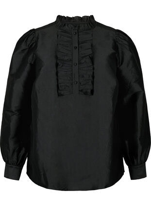 Shiny shirt blouse with ruffles, Black, Packshot image number 0