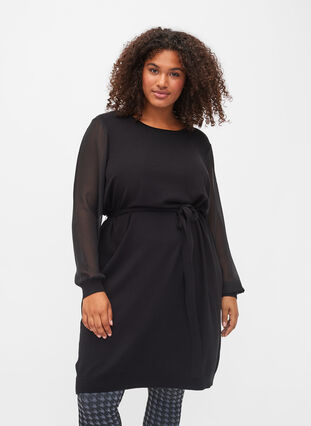 Knitted dress with sheer sleeves, Black, Model image number 0