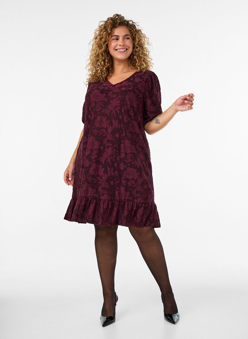 Dress with floral texture and ruffle hem, Red, Model image number 1