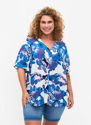 Short-sleeved viscose blouse with print, Bright White AOP LE, Model image number 0