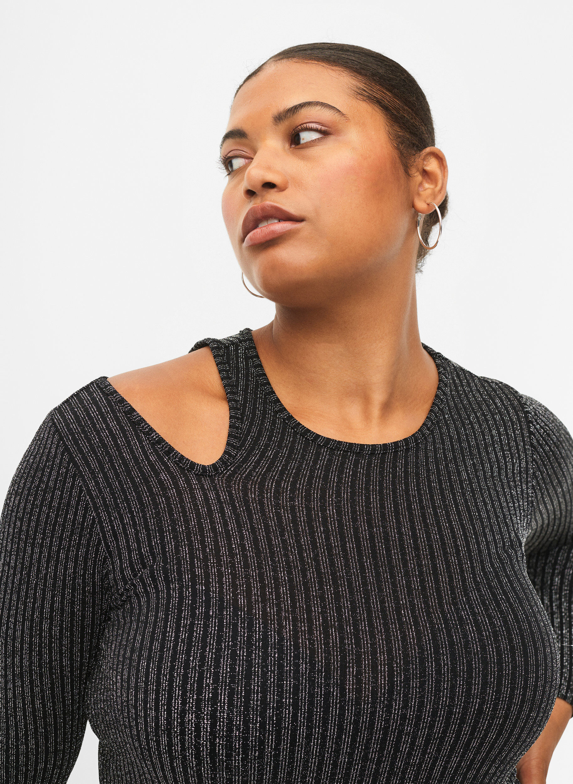 Zizzifashion Long sleeve cut-out dress with glitter, B.w. Silver Stripes, Model image number 2