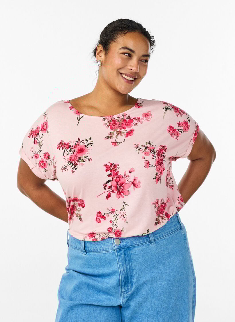 T-shirt with floral print, Rose, Model image number 0