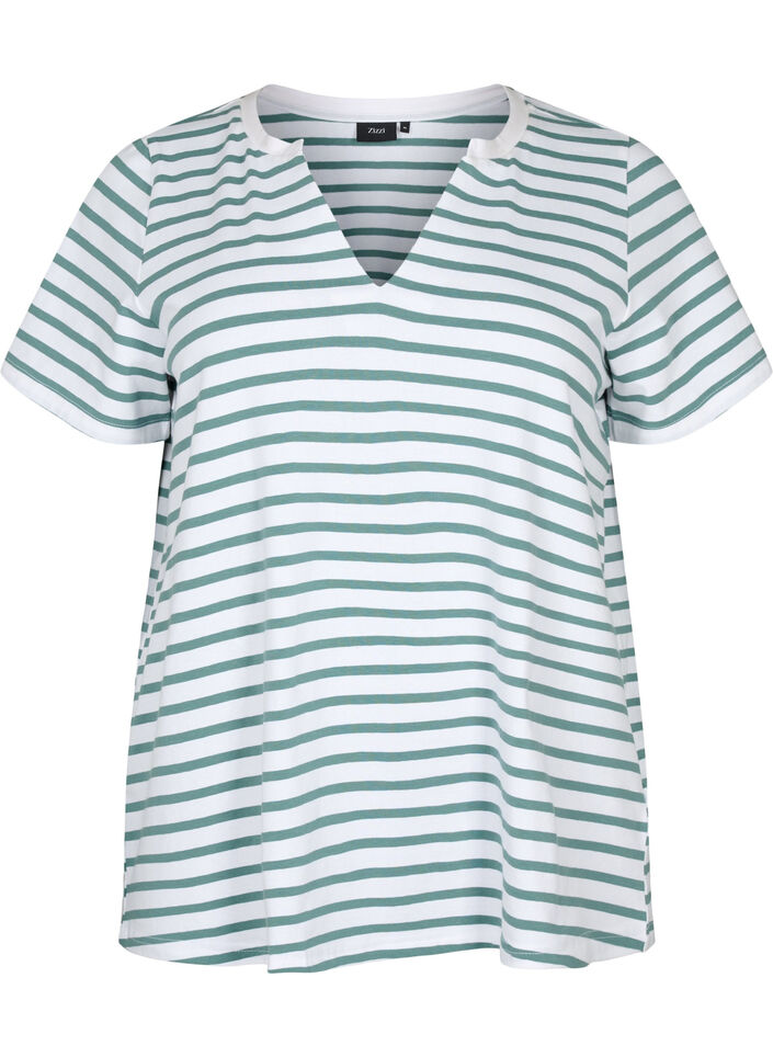 Cotton t-shirt with stripes and v-neck, B.White/SeaP.Stripes, Packshot image number 0