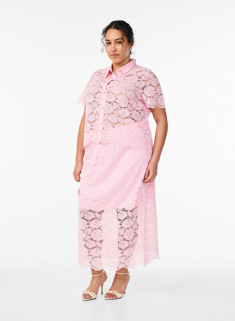 Lace midi skirt with an elasticated waist, Rose, Model