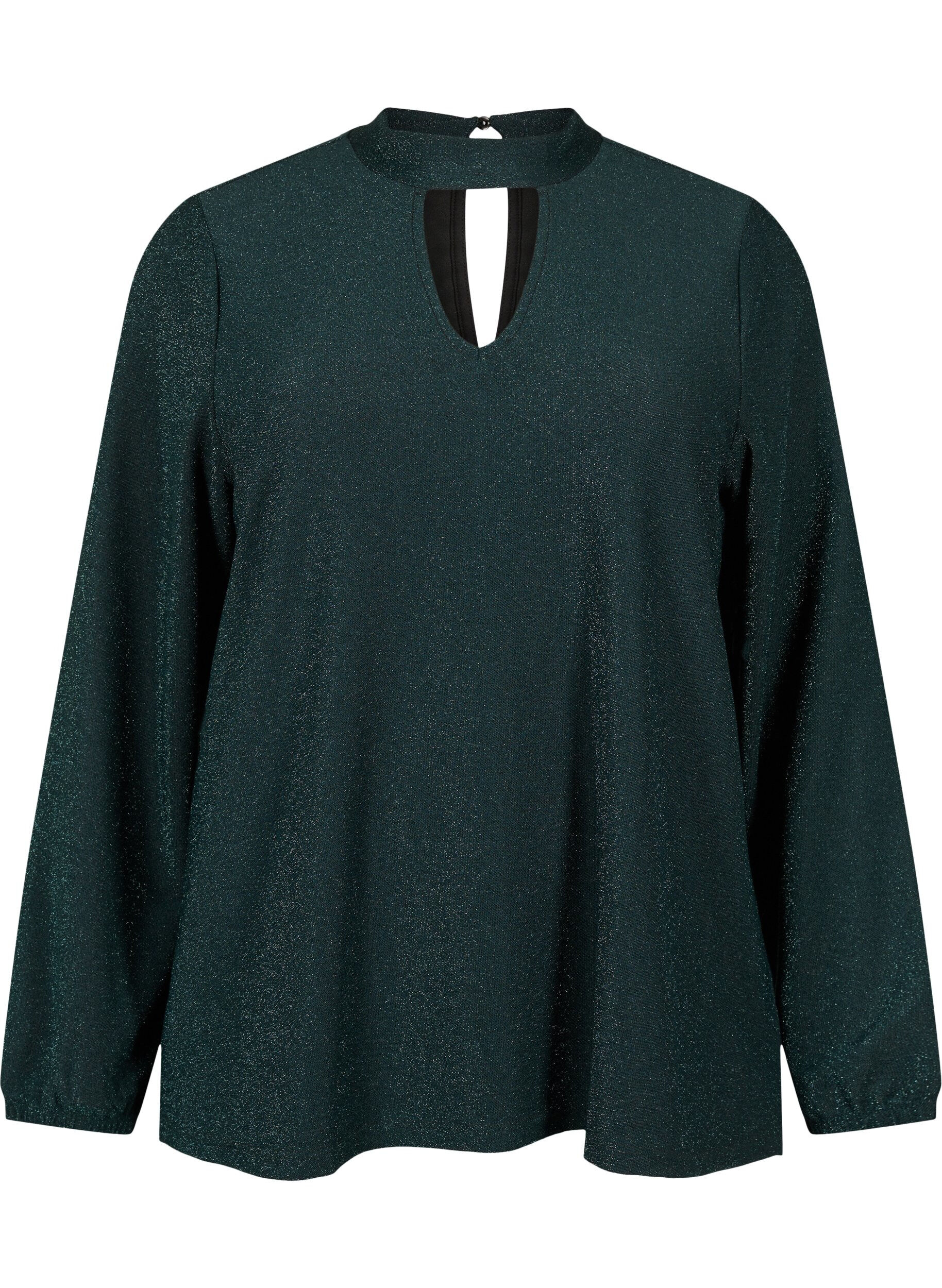 Zizzifashion Long-sleeved glitter blouse with round neck and V-detail, Black Scarab, Packshot image number 0