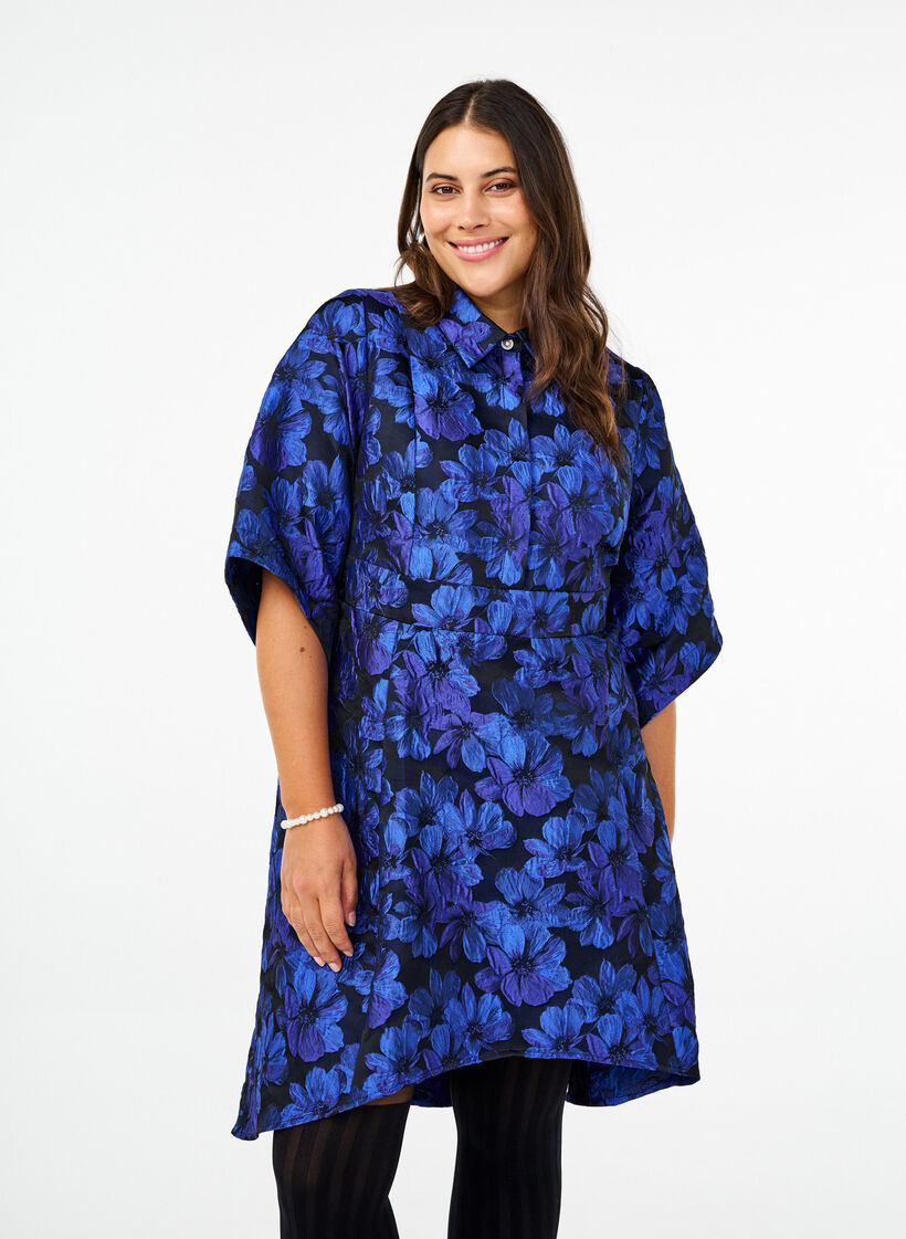 Short jacquard dress with 3/4 sleeves, Black Blue, Model image number 0