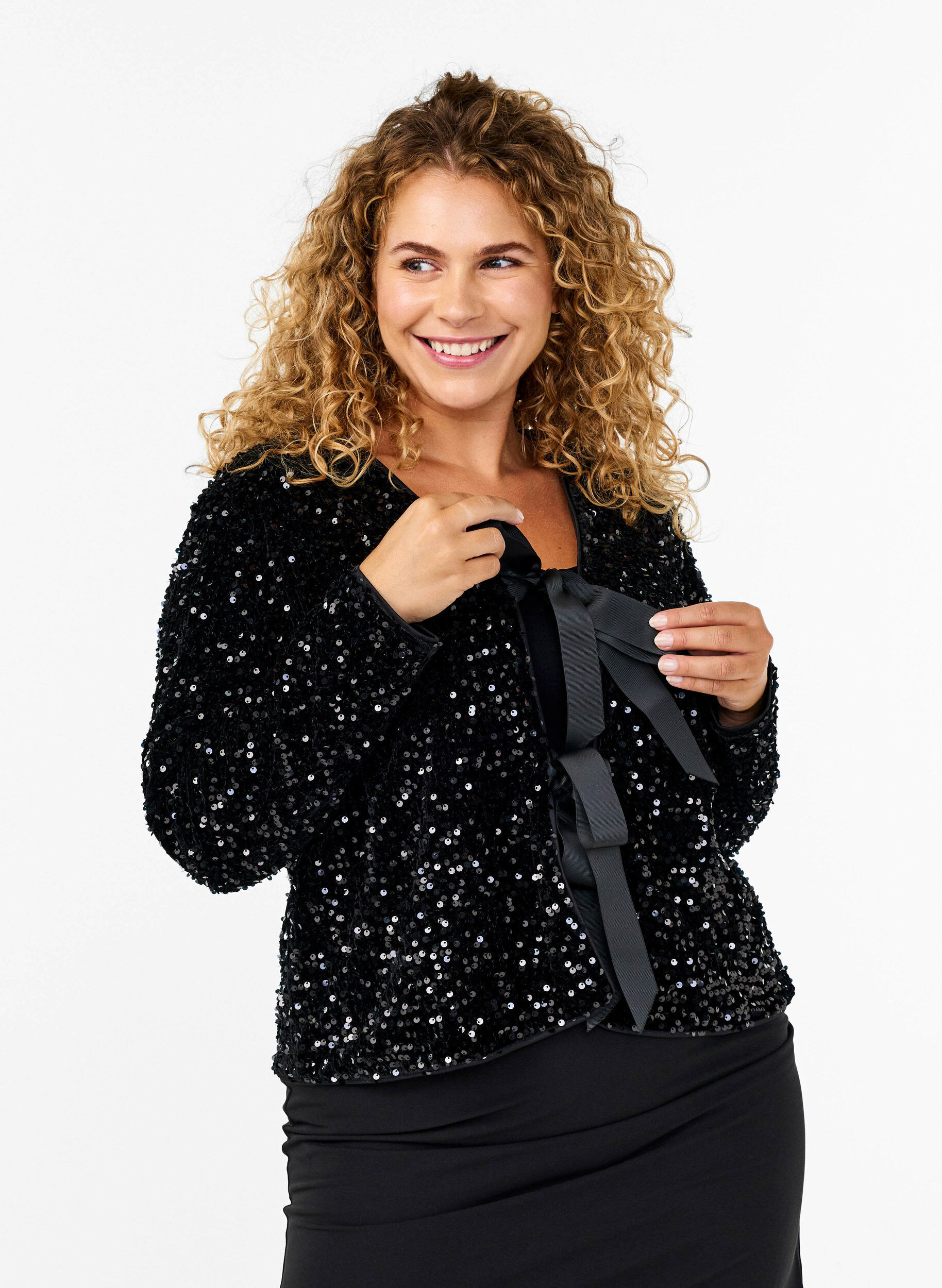 Zizzifashion Sequin blouse with tie details, Black, Model image number 0