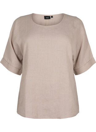 Short-sleeved blouse in 100% linen, Sand, Packshot image number 0