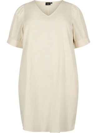 V-neck dress in cotton blend with linen, Sandshell, Packshot image number 0