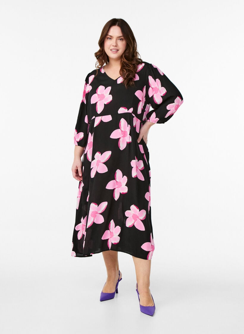 Midi dress with floral print and 3/4 sleeves, Black, Model image number 1