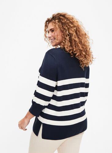 Striped viscose pullover with 3/4 sleeves, Navy Blazer/Birch, Model image number 1