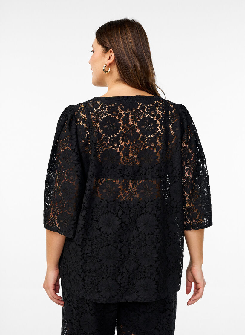 Lace blouse with 3/4 sleeves and bows on the front, Black, Model image number 2