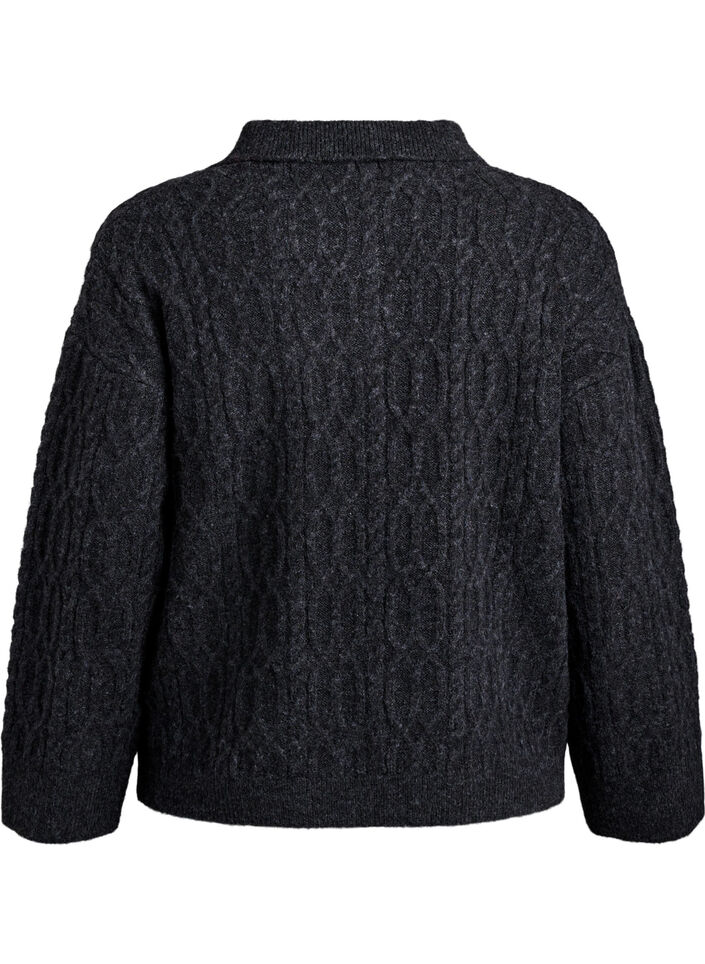 Cable knit sweater with polo collar, Dark Grey, Packshot image number 1