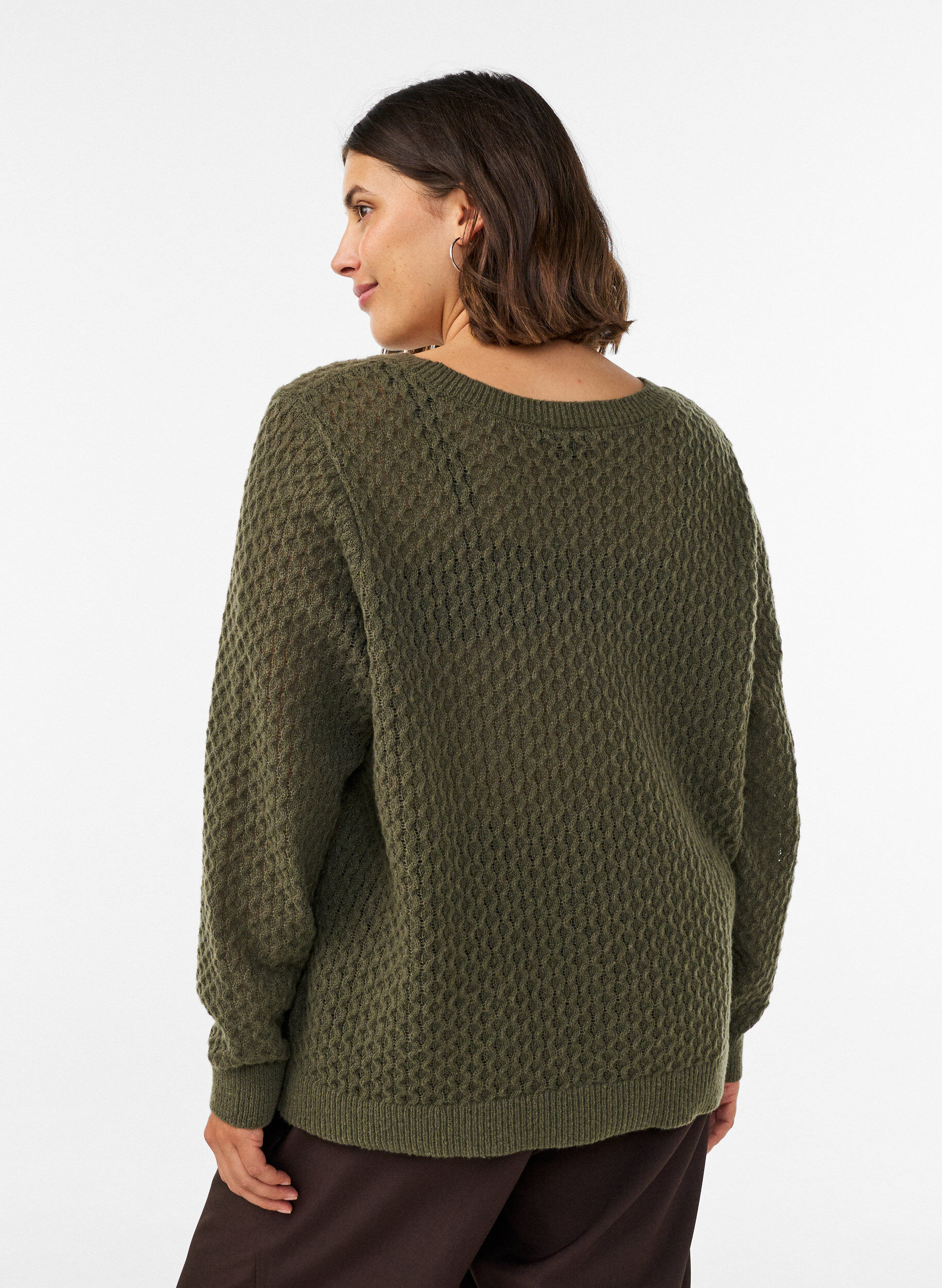 ZizzifashionKnitted blouse with a textured openwork pattern, Green, Model image number 2