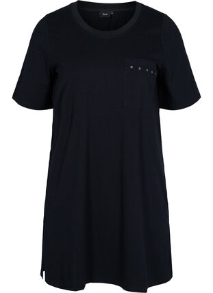 Long cotton t-shirt with chest pockets and rivets, Black, Packshot image number 0