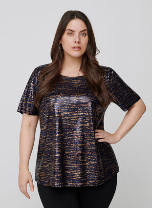 Short-sleeved blouse with sequins, Blue Brown Sequins , Model image number 0