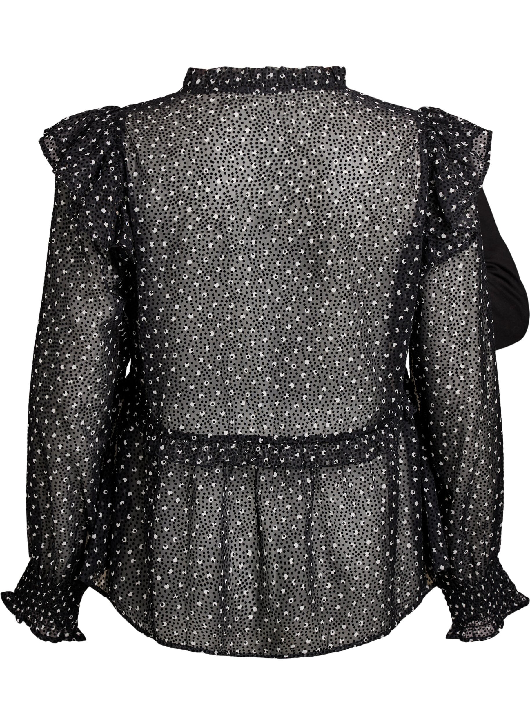 Zizzifashion Chiffon blouse with ruffle details and small dots, Black, Packshot image number 1