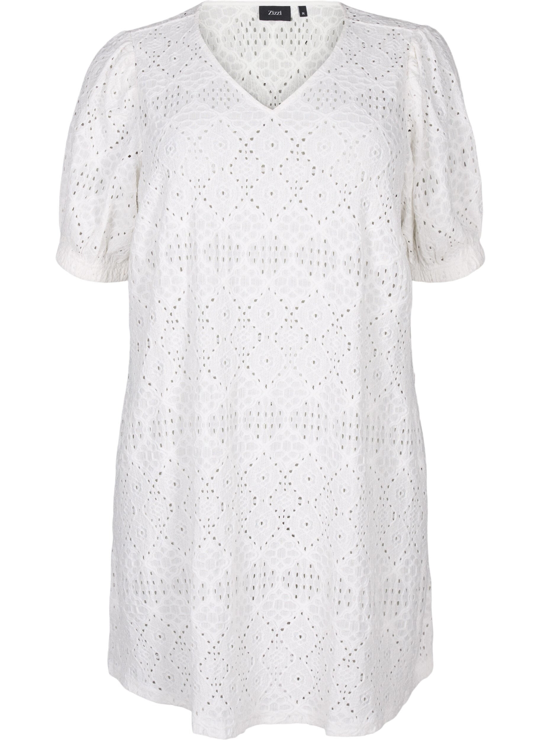 Zizzifashion Short dress with v-neck and hole pattern, Bright White, Packshot image number 0