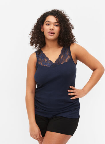 Ribbed night top with lace, Navy Blazer, Model image number 0