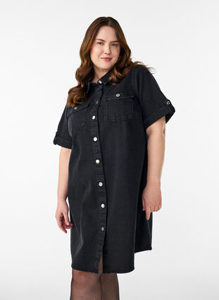 Denim dress with short sleeves and buttons - Black - Sz. L - Zizzifashion Denim dress with short sleeves and buttons - Black - Sz. L - Zizzifashion