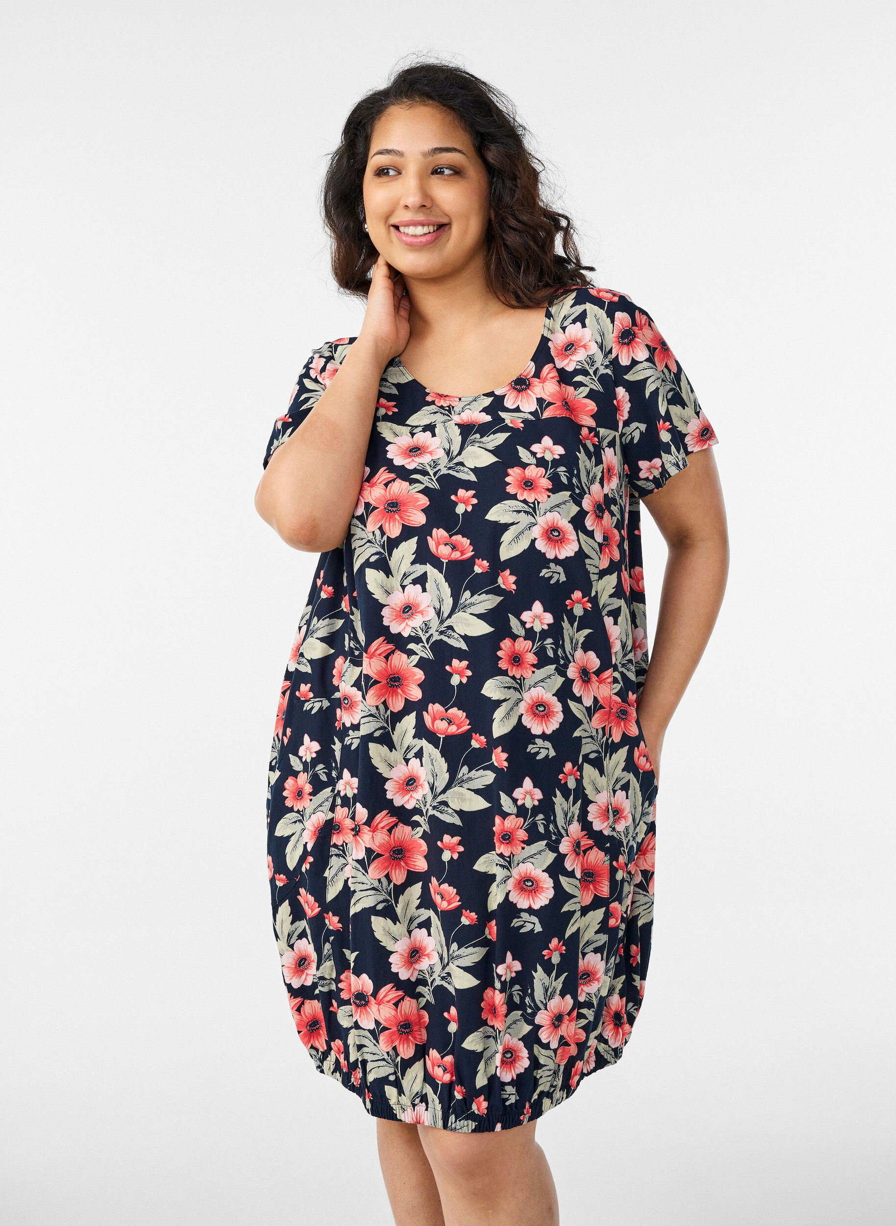 ZizzifashionShort-sleeved cotton dress with print, Blue, Model image number 0