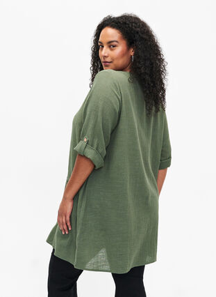 3/4 sleeve cotton blend tunic with linen, Thyme, Model image number 1