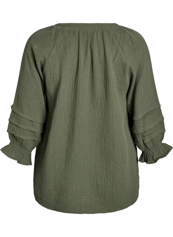 Cotton muslin blouse with 3/4 sleeves, Thyme, Packshot image number 1