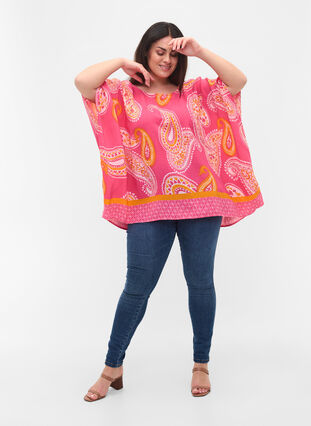 Printed short-sleeved viscose blouse, Pink Paisley, Model image number 2