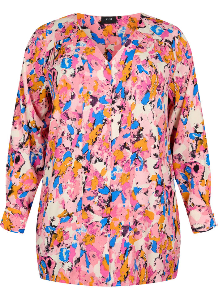 Long printed shirt in viscose, Rosebloom GraphicAOP, Packshot image number 0
