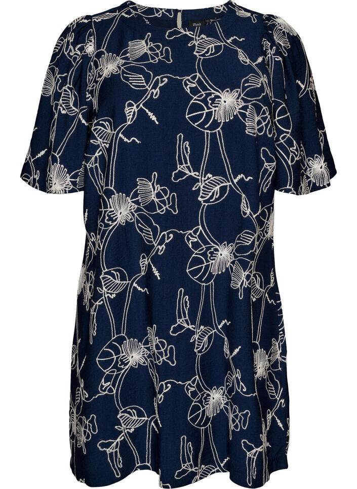 Short A-line dress with embroidered pattern, Blue, Packshot image number 0