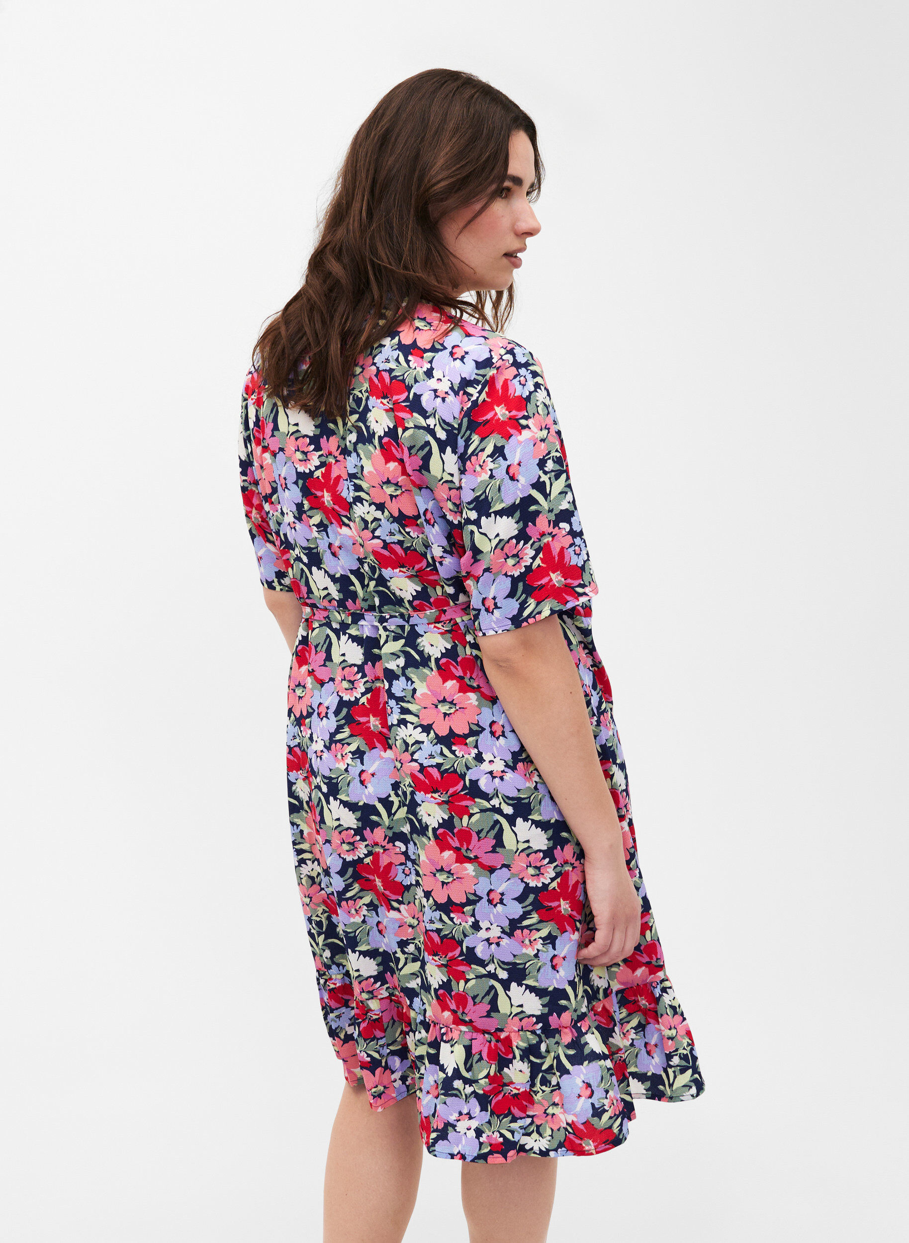 Zizzifashion Floral wrap dress with short sleeves, Blue, Model image number 2