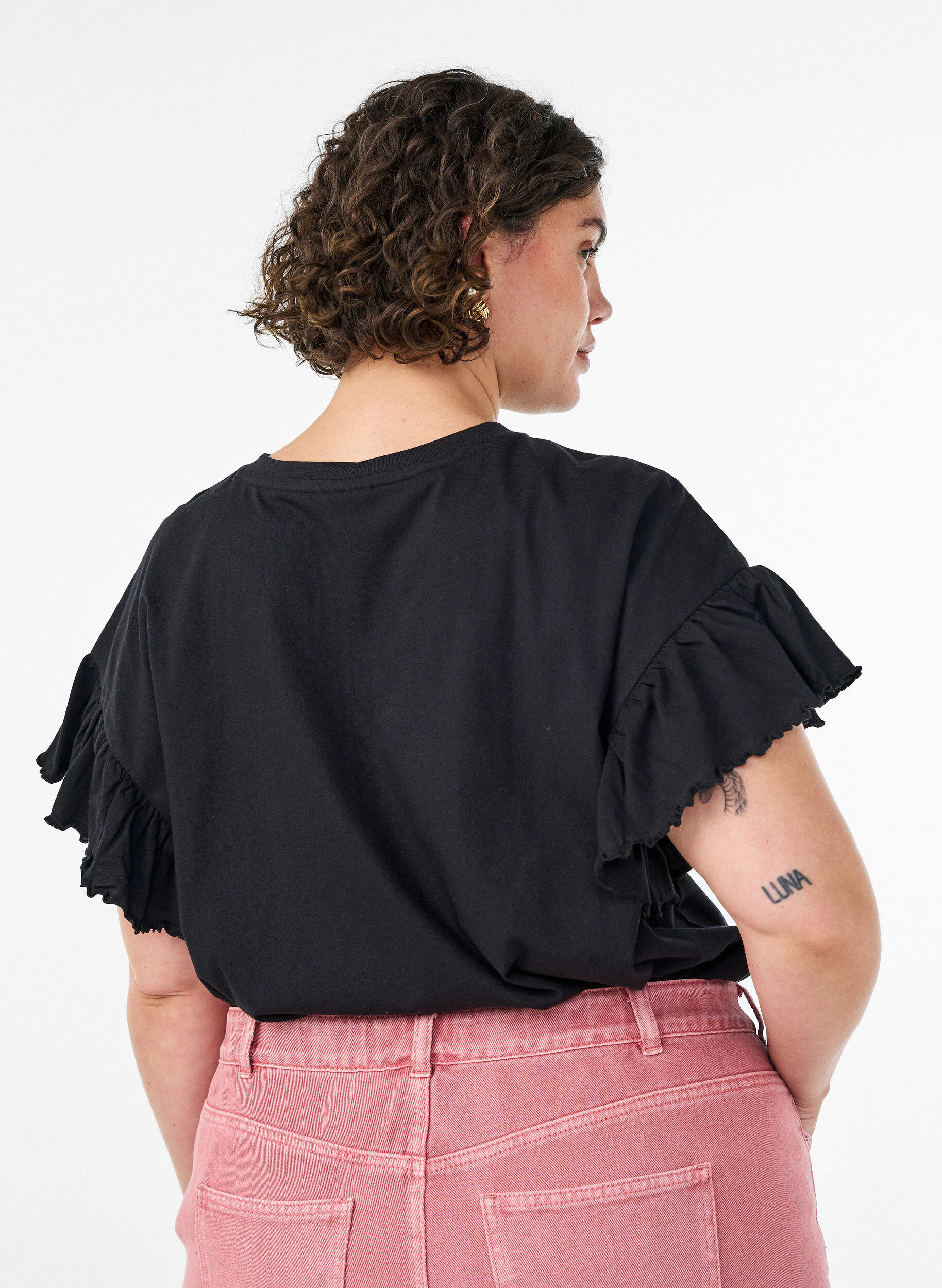 ZizzifashionOrganic cotton T-shirt with ruffle sleeves, Black, Model image number 2