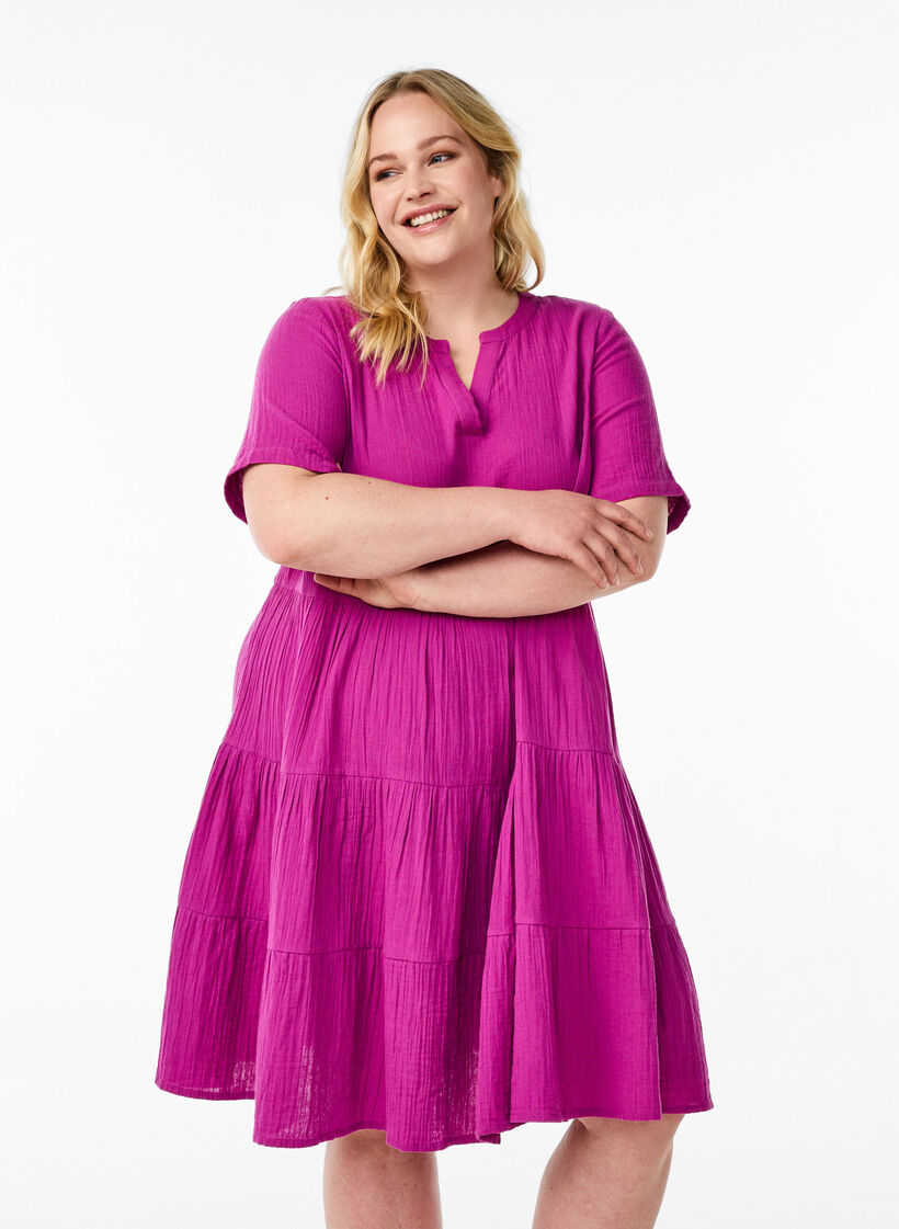 Knee-length cotton muslin dress with an A-line cut, Purple, Model image number 0