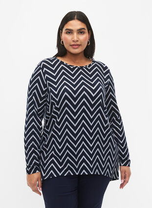 Patterned blouse with long sleeves, Navy B. Zig Zag, Model image number 0