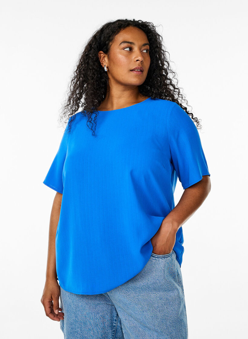 Short-sleeved blouse with round neck, Blue, Model image number 0