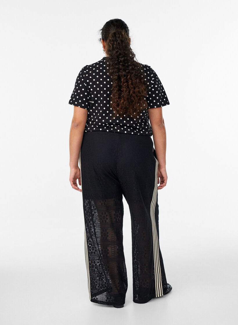 Wide-leg lace trousers with contrast stripes, Black, Model image number 2