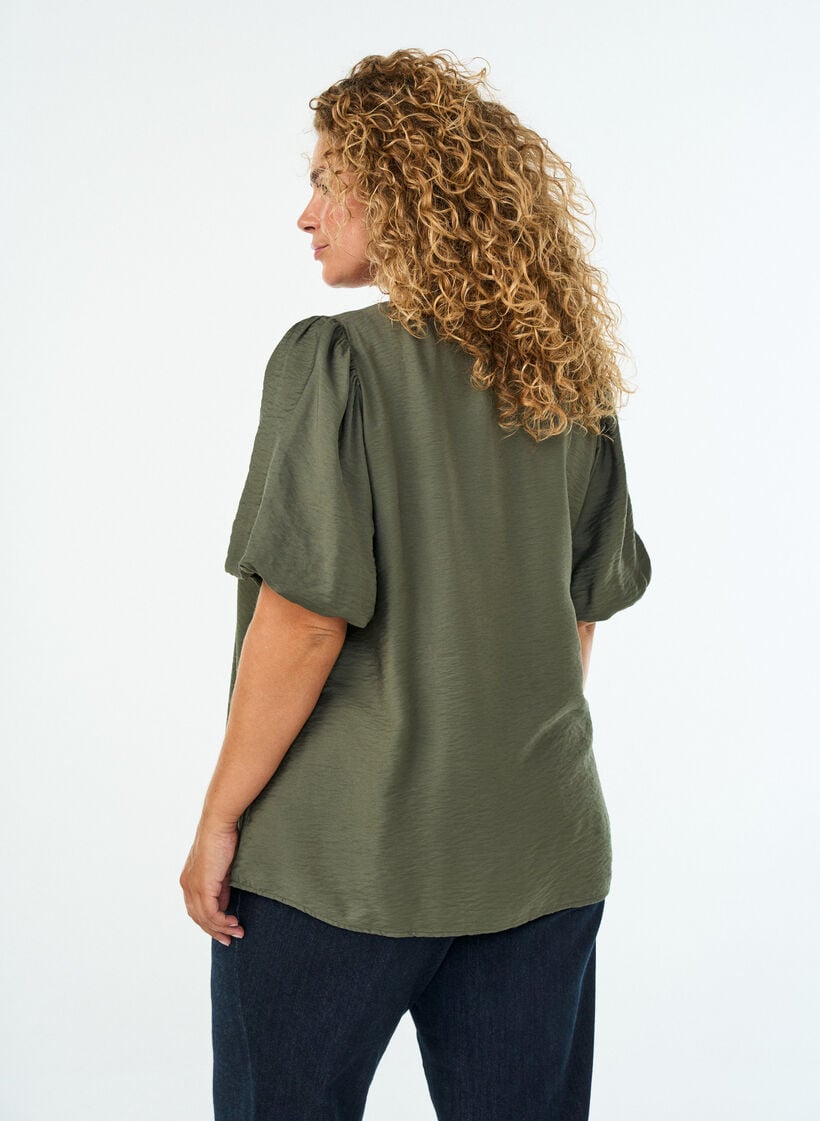 Blouse with balloon sleeves and V-neck, Green, Model image number 1