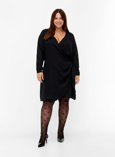 Long sleeve viscose dress with a wrap look, Black, Model image number 2