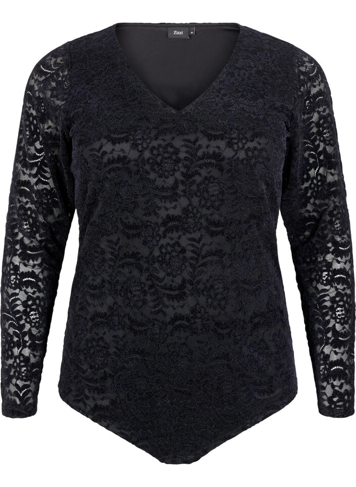 Lace bodystocking with long sleeves, Black, Packshot image number 0