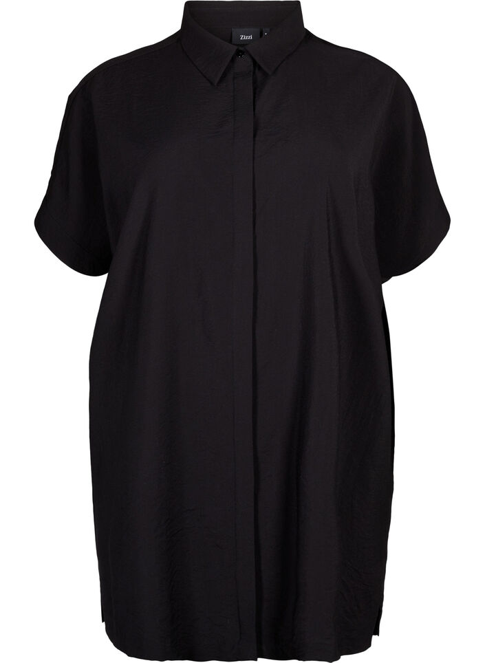 Long viscose shirt with short sleeves, Black, Packshot image number 0