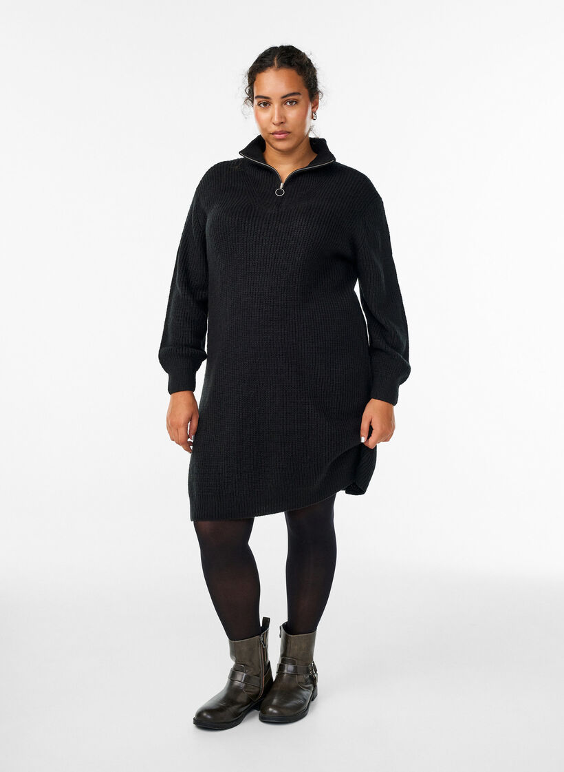 FLASH - Short knit dress with high neck, Black, Model image number 1