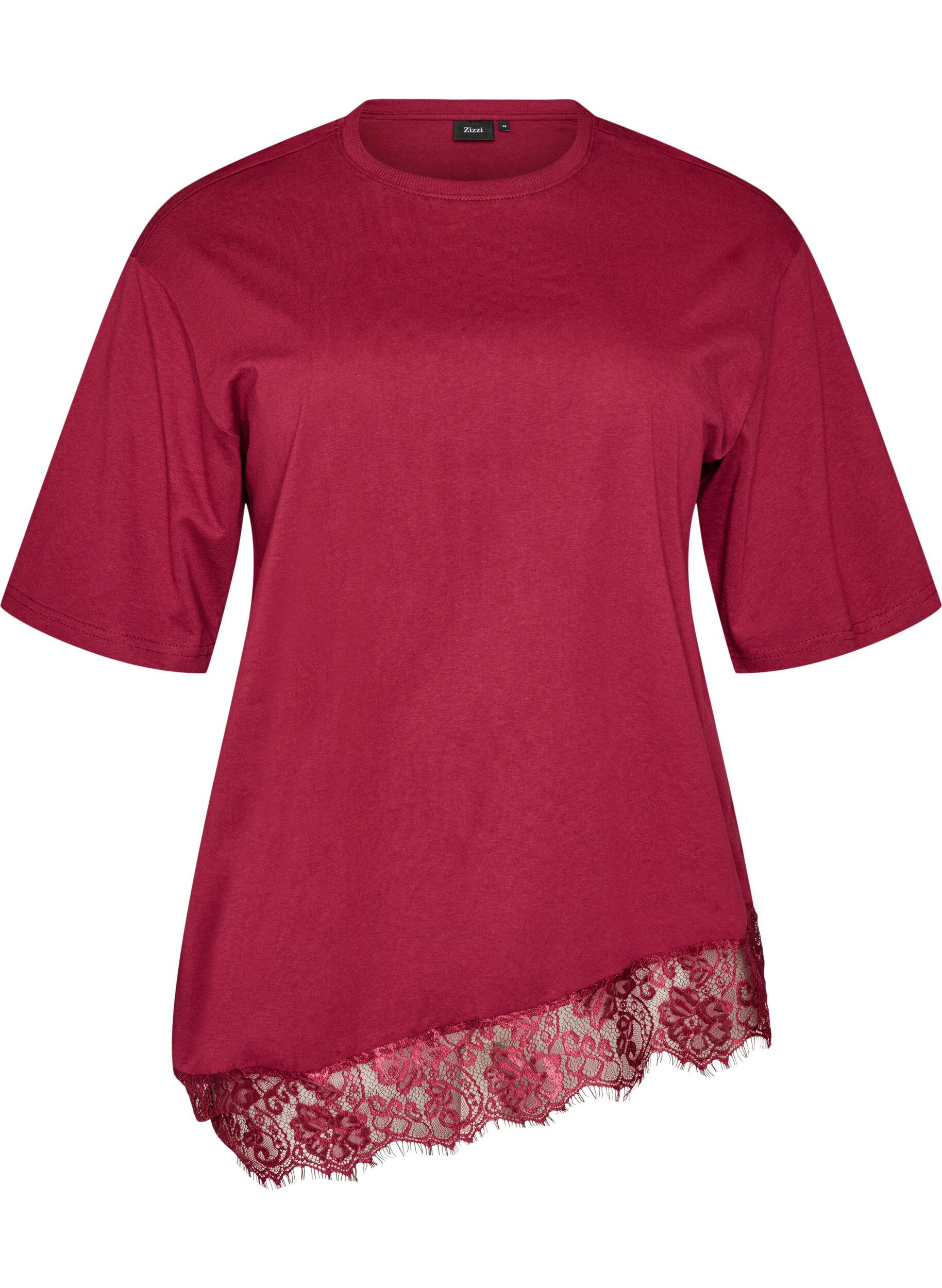 ZizzifashionT-shirt with asymmetric lace hem, Red, Packshot image number 0