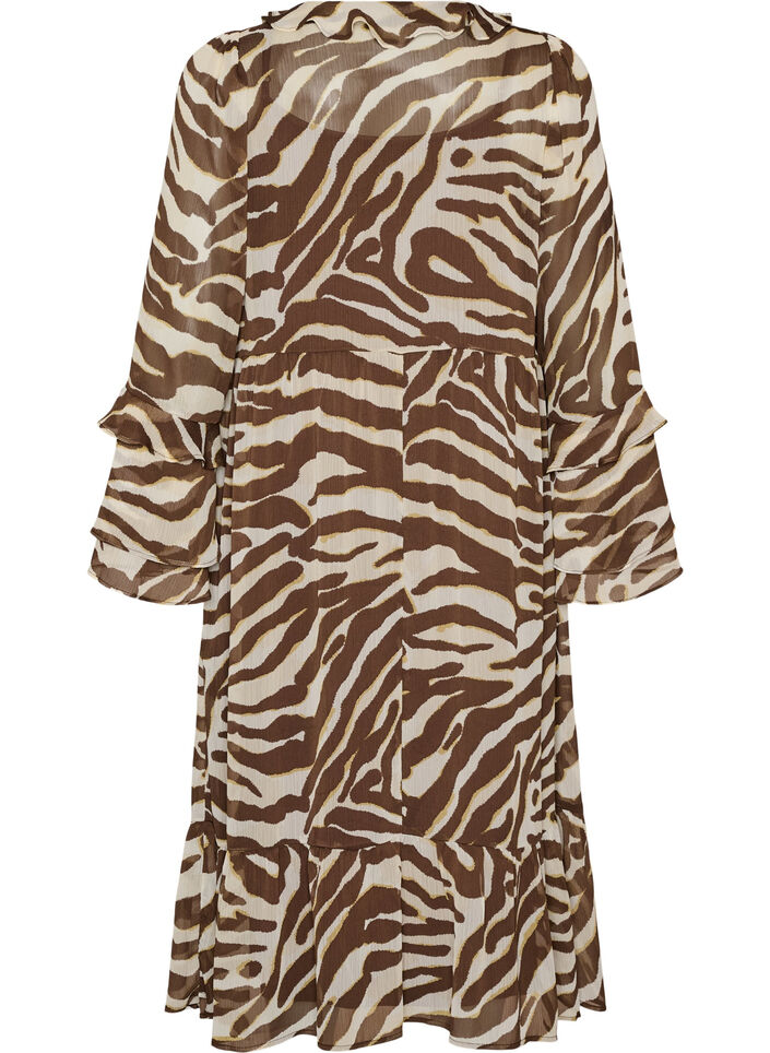 Midi dress with ruffle details and V-neck, Brown, Packshot image number 1