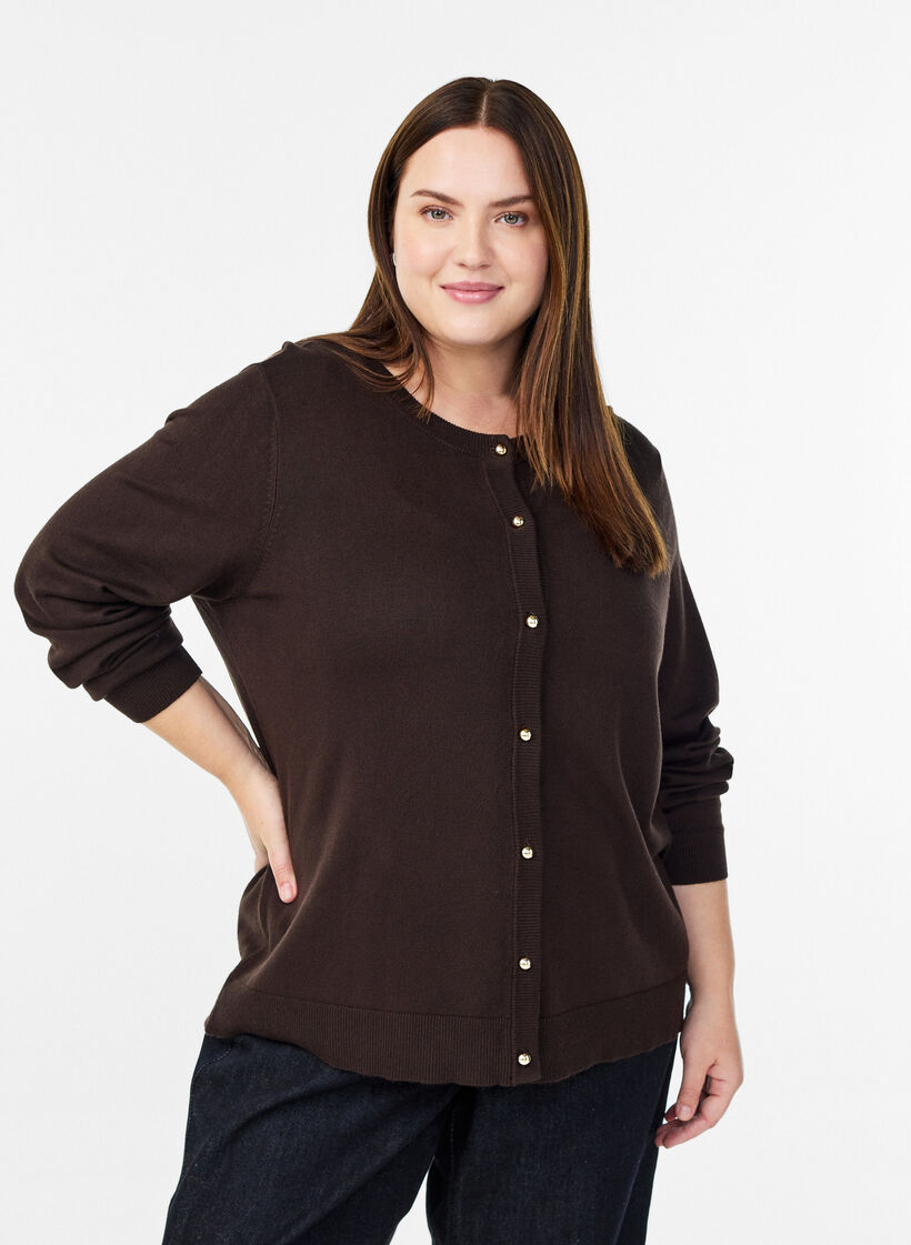 Fine-knit cardigan with ball buttons, Brown, Model image number 0