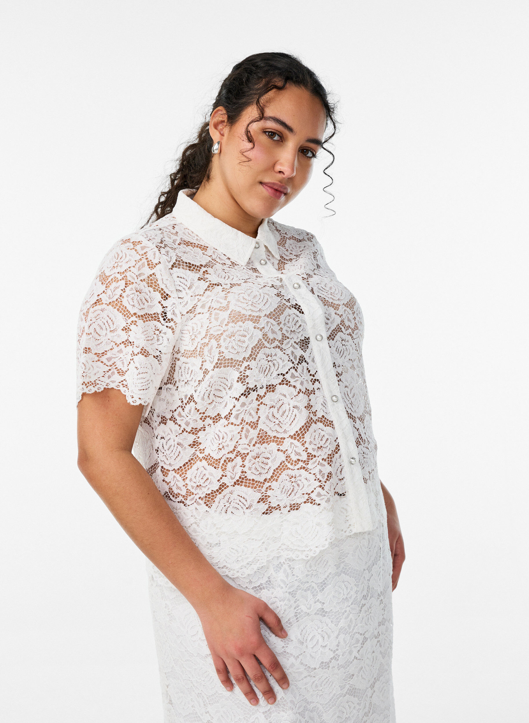 Lace shirt blouse with pearl buttons, White, Model