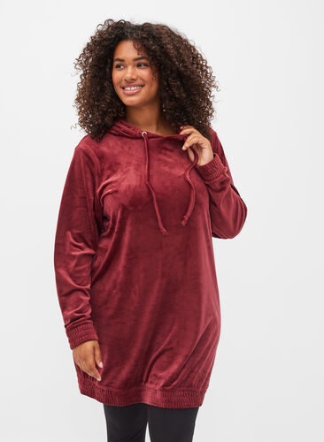 Hooded, velour sweatshirt dress - Red - Sz. 42-60 - Zizzifashion